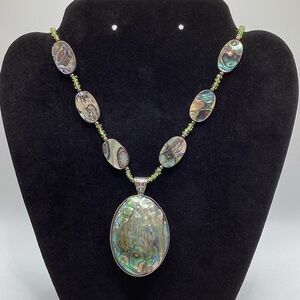 Iridescent Abalone Pendant Necklace with Green Beads